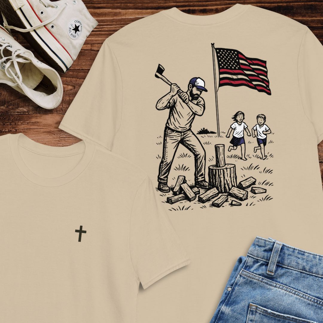 Manly Chopping Wood w/ the Kids T-shirt