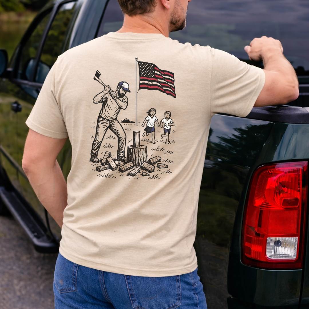 Manly Chopping Wood w/ the Kids T-shirt