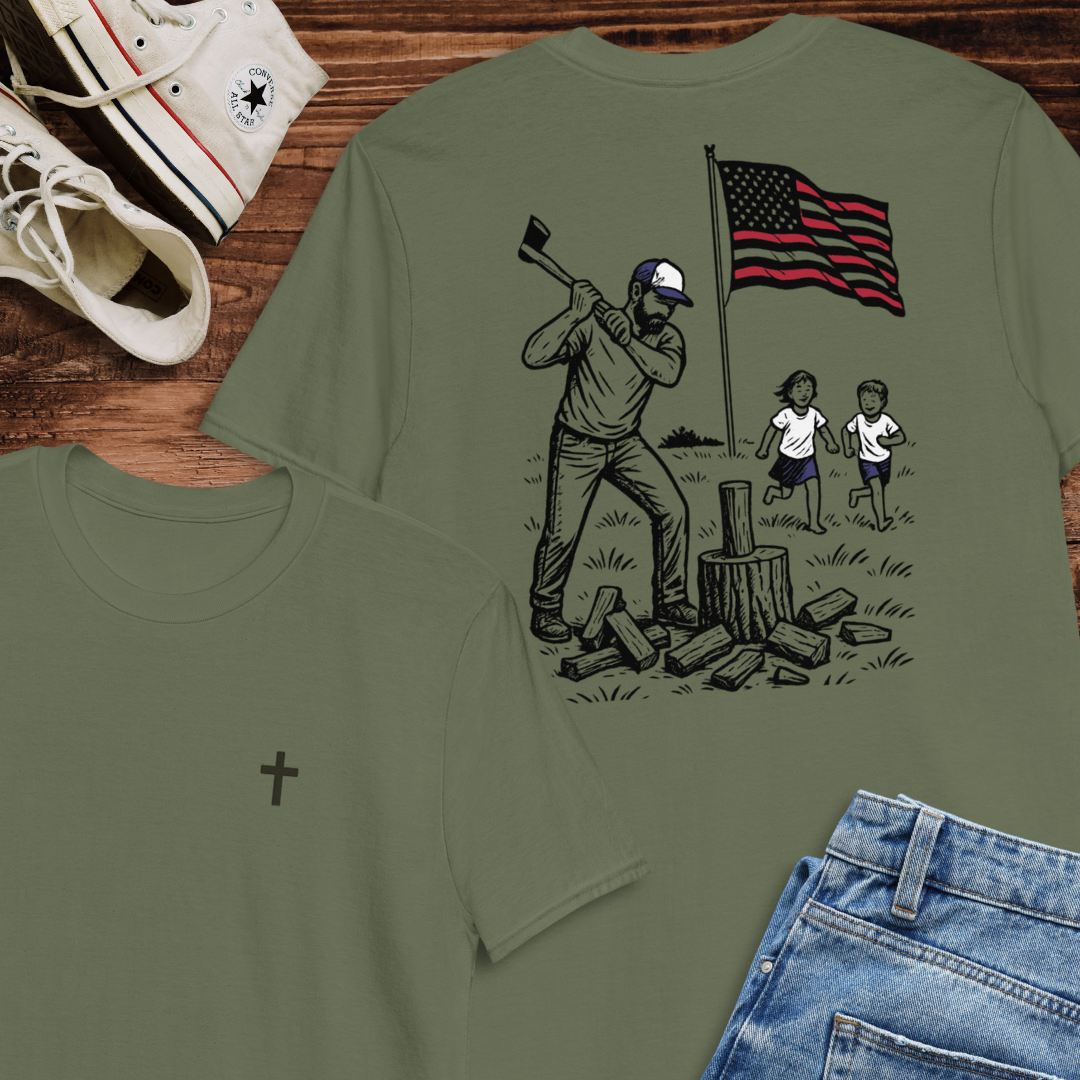 Manly Chopping Wood w/ the Kids T-shirt