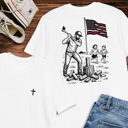 Manly Chopping Wood w/ the Kids T-shirt