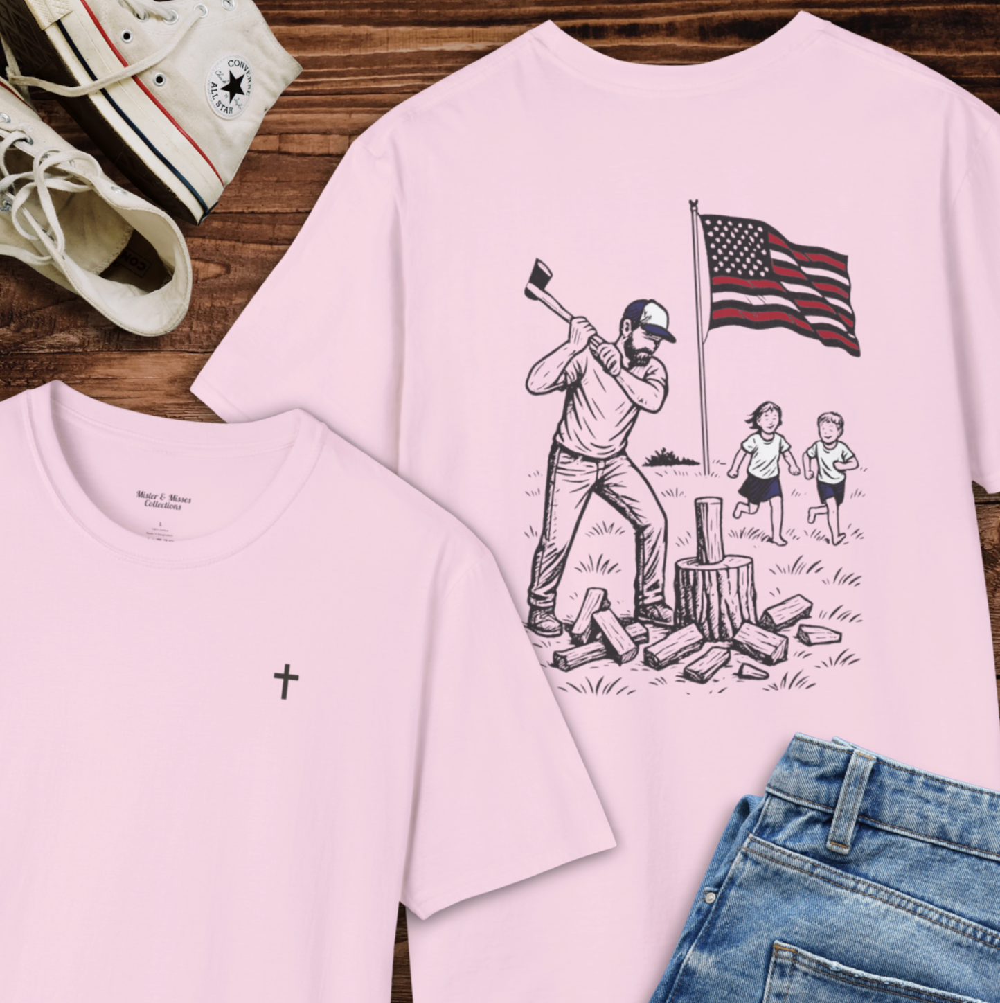 Manly Chopping Wood w/ the Kids T-shirt