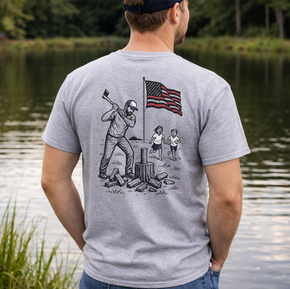 Manly Chopping Wood w/ the Kids T-shirt