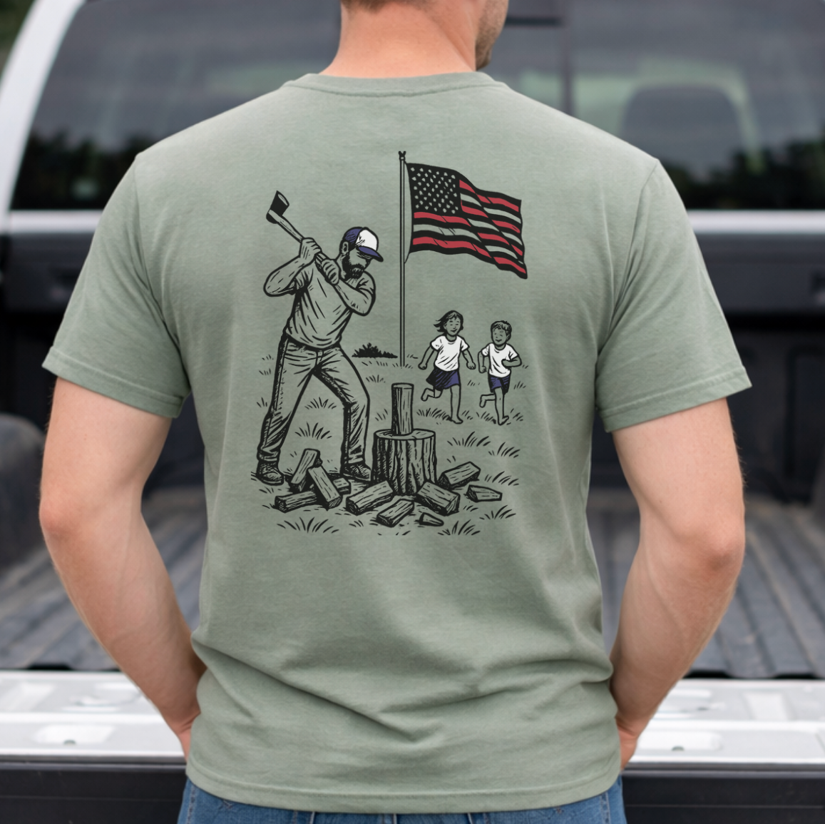 Manly Chopping Wood w/ the Kids T-shirt